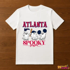 Atlanta Braves spooky ghost Halloween design displayed on t-shirt mockup for sports fan apparel