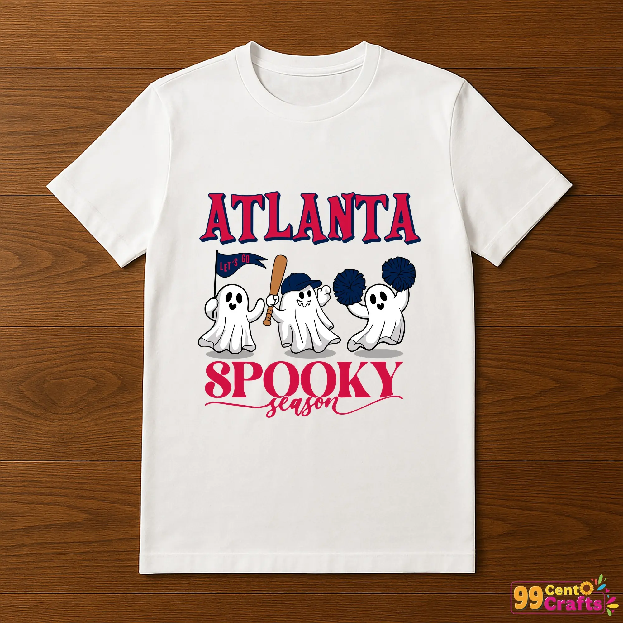 Atlanta Braves spooky ghost Halloween design displayed on t-shirt mockup for sports fan apparel