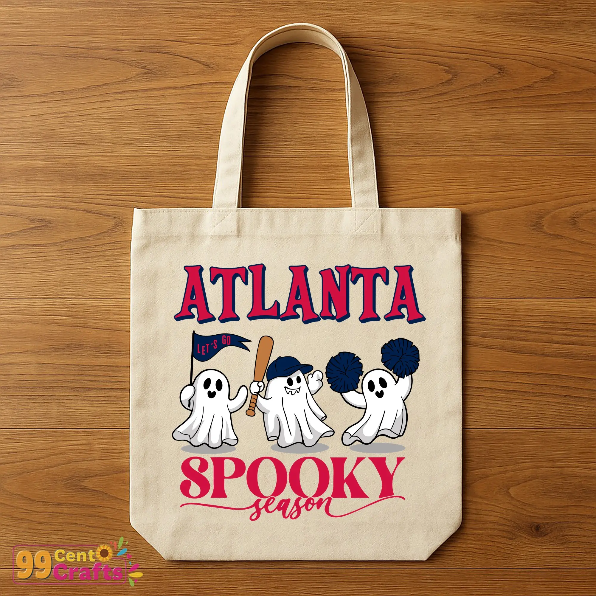 Atlanta Braves Halloween ghost SVG design shown on tote bag mockup for seasonal accessories