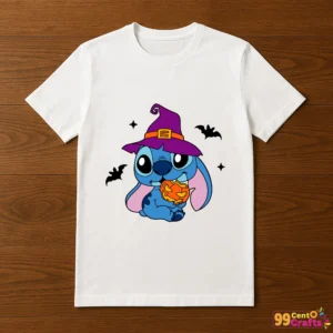 Baby Stitch Halloween pumpkin design displayed on t-shirt mockup showing Disney-inspired cut file