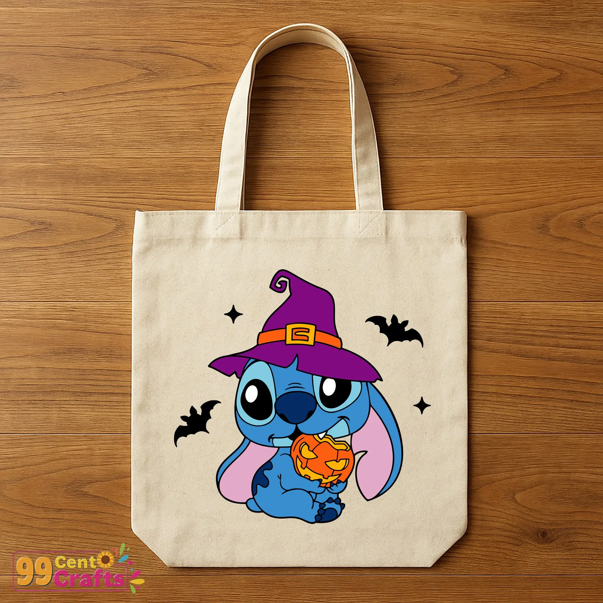 Baby Stitch Halloween pumpkin SVG design showcased on tote bag mockup for craft projects