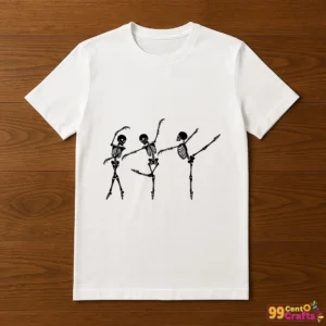 Ballet Skeletons Halloween SVG design printed on t-shirt mockup showing dancing ballerina skeletons