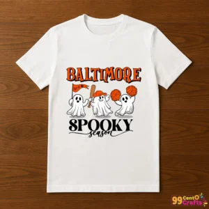 T-shirt mockup featuring Baltimore Orioles spooky season baseball design for Halloween apparel
