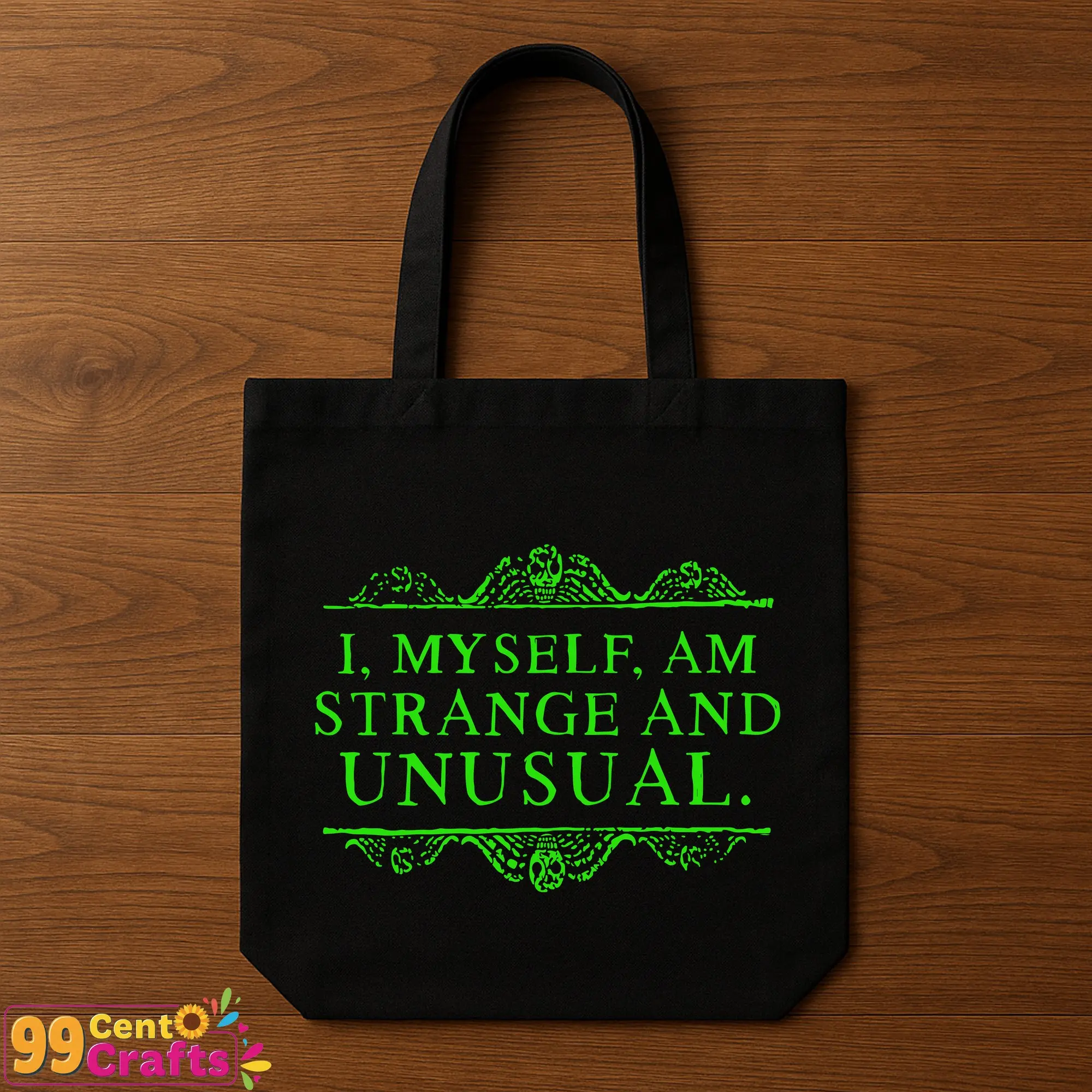 Beetlejuice I Myself Am Strange And Unusual Halloween SVG design on tote bag mockup for accessories