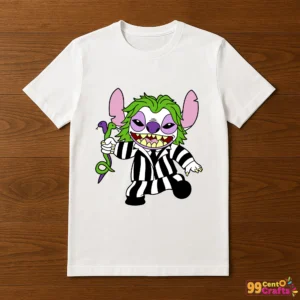 Beetlejuice Stitch Halloween design printed on t-shirt mockup showing striped character with stitched Halloween theme