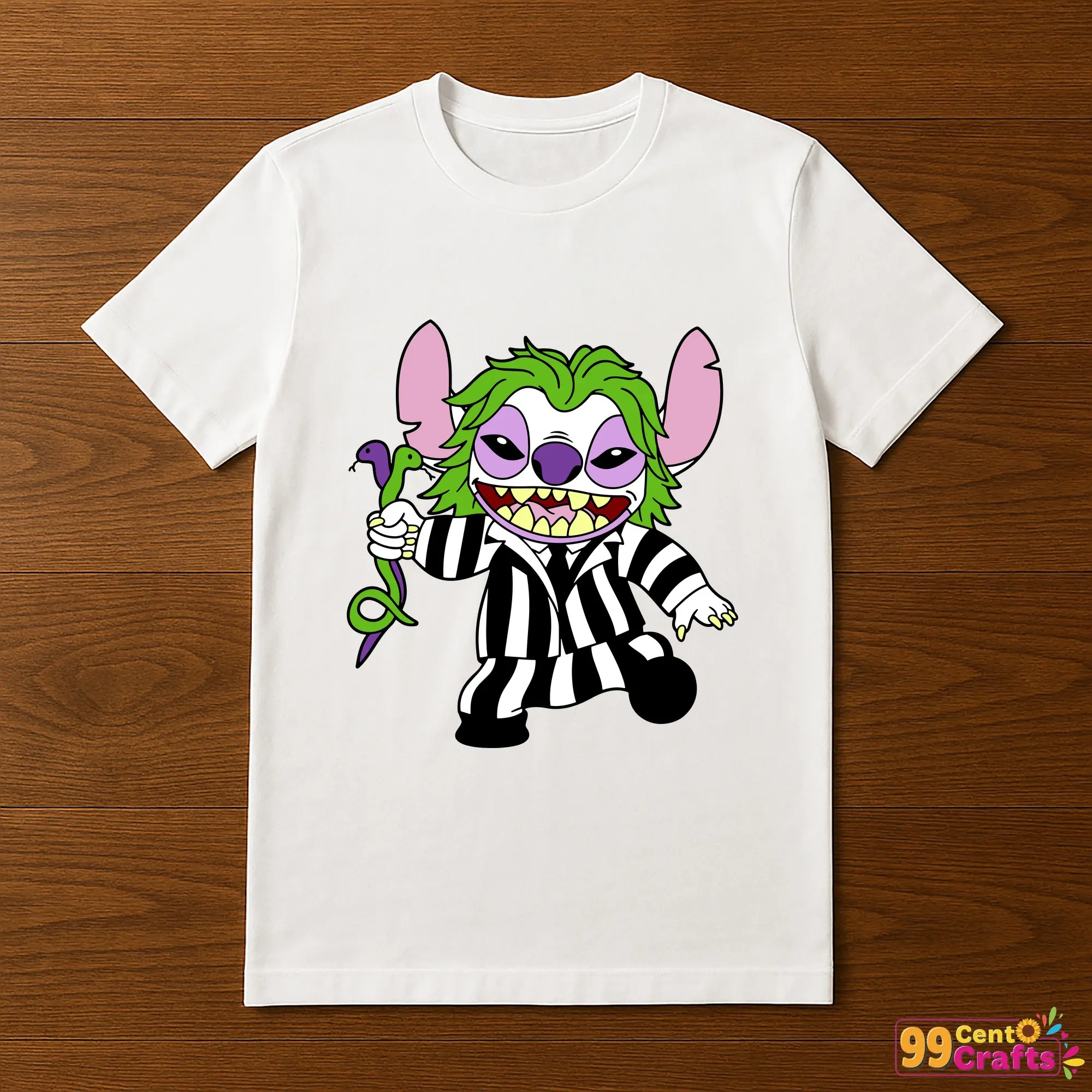 Beetlejuice Stitch Halloween design printed on t-shirt mockup showing striped character with stitched Halloween theme