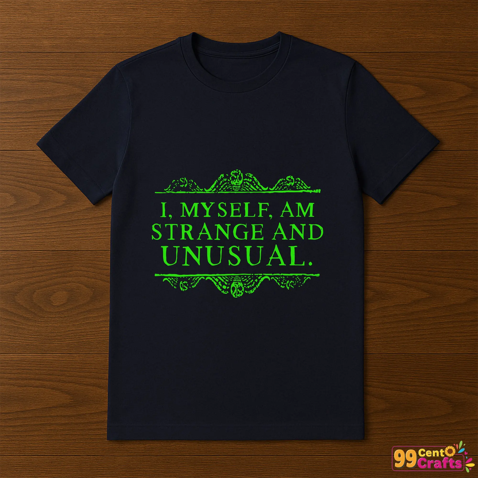 I Myself Am Strange Unusual Beetlejuice Halloween design printed on t-shirt mockup for apparel crafting