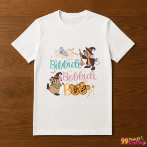 Bibbidi Bobbidi Boo SVG printed on a T-shirt showing Cinderella mice Jaq and Gus