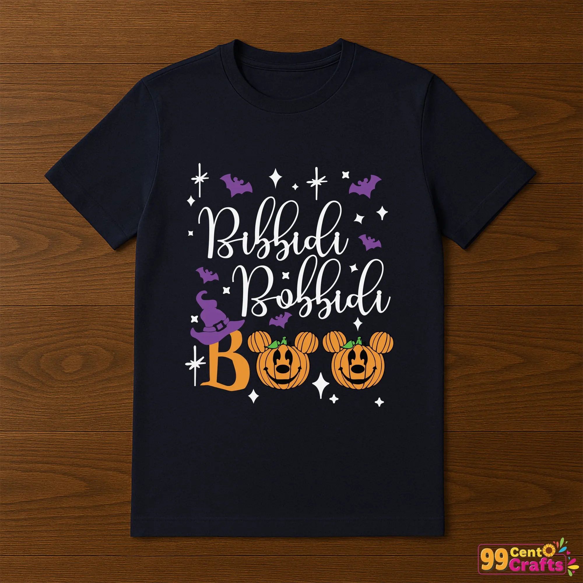 Bibbidi Bobbidi Boo SVG design on Halloween-themed t-shirt mockup