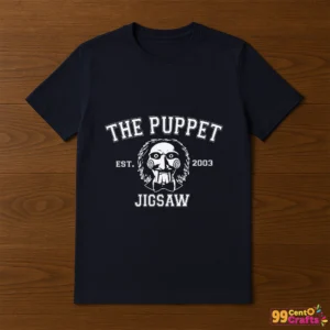 Billy the Puppet Jigsaw design printed on a T-shirt mockup