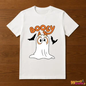 Bluey Bingo Ghost Halloween design printed on t-shirt mockup showing family-friendly Halloween apparel idea