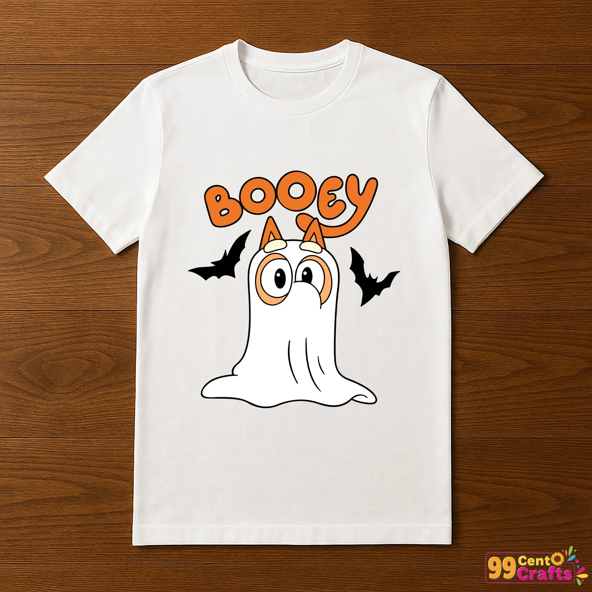 Bluey Bingo Ghost Halloween design printed on t-shirt mockup showing family-friendly Halloween apparel idea