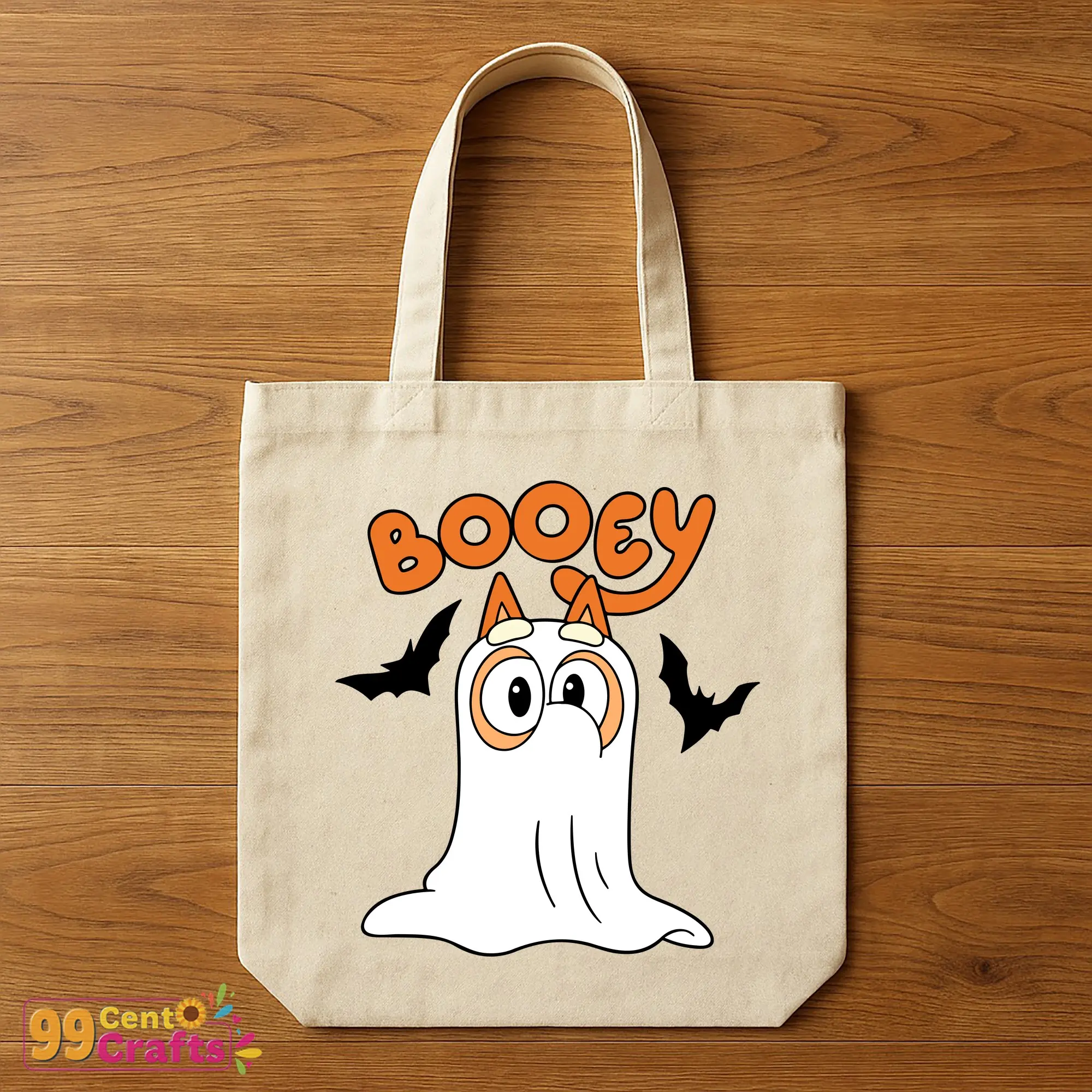 Bluey Bingo Ghost Halloween SVG design on tote bag mockup perfect for trick-or-treat Halloween accessories