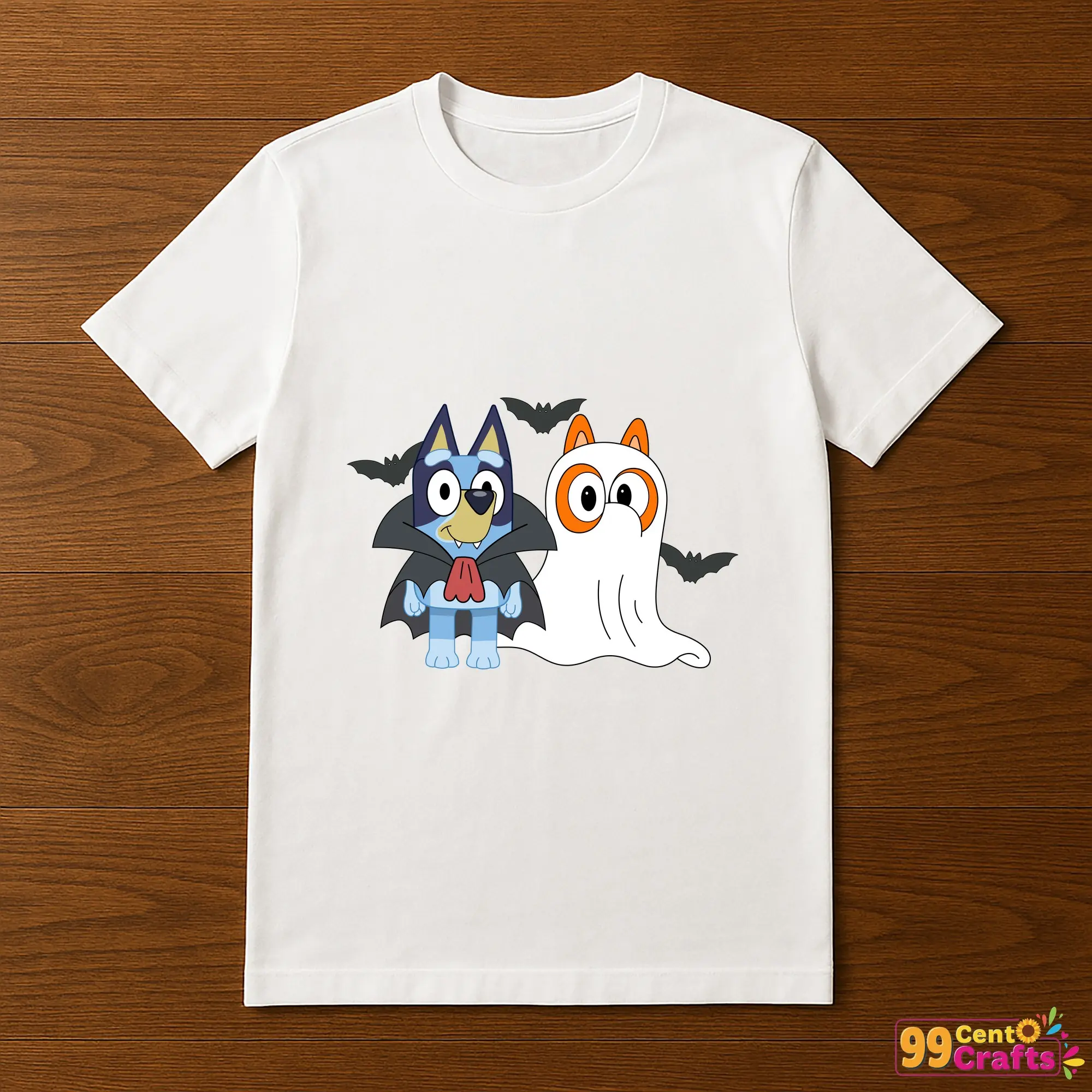 Bluey Halloween SVG design displayed on t-shirt mockup showcasing apparel crafting application