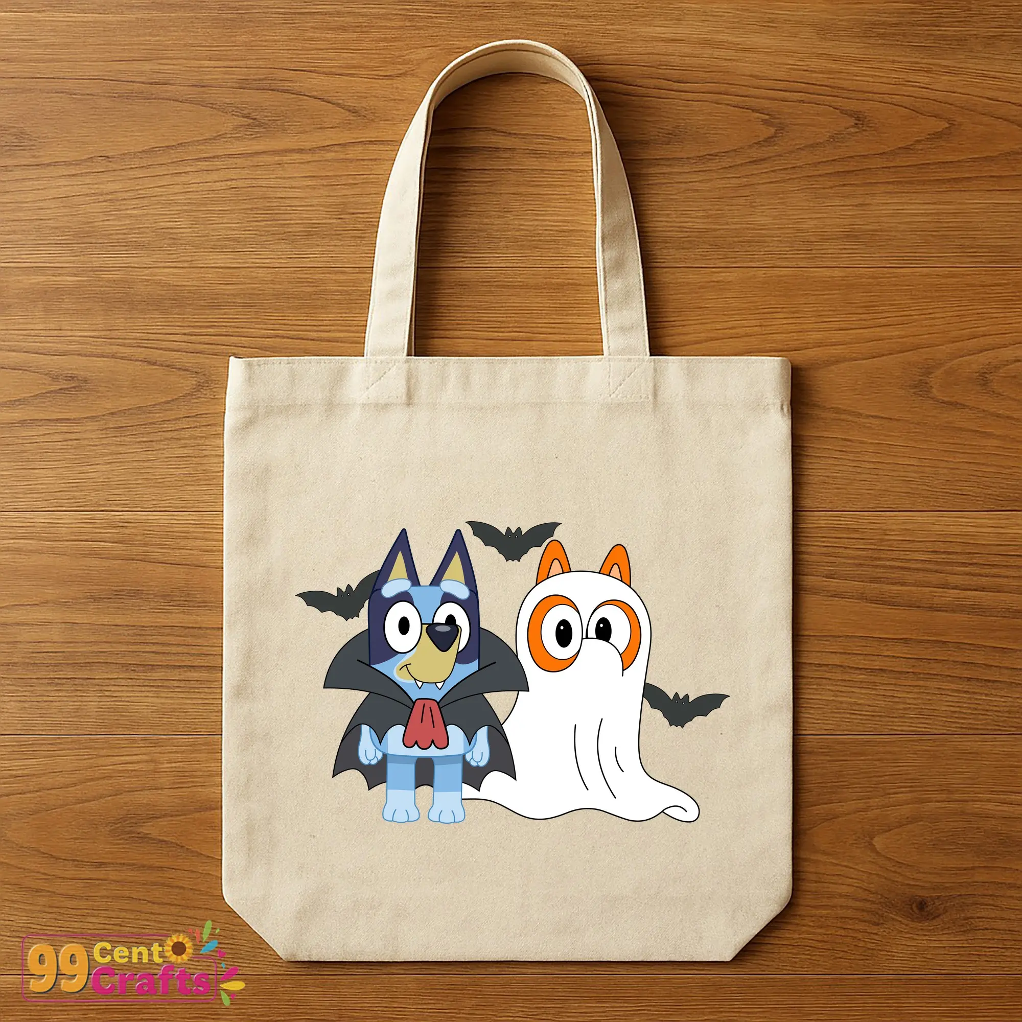 Bluey Halloween SVG design printed on tote bag mockup perfect for seasonal crafting projects