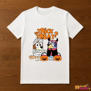 Bluey Halloween SVG design printed on t-shirt mockup showing Trick or Treat theme with Bluey and Bingo characters