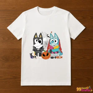 Bluey Jack Skellington and Sally design printed on t-shirt mockup showing Halloween themed apparel application