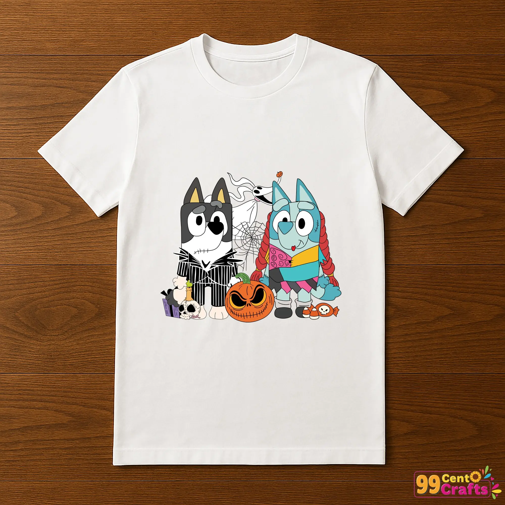 Bluey Jack Skellington and Sally design printed on t-shirt mockup showing Halloween themed apparel application
