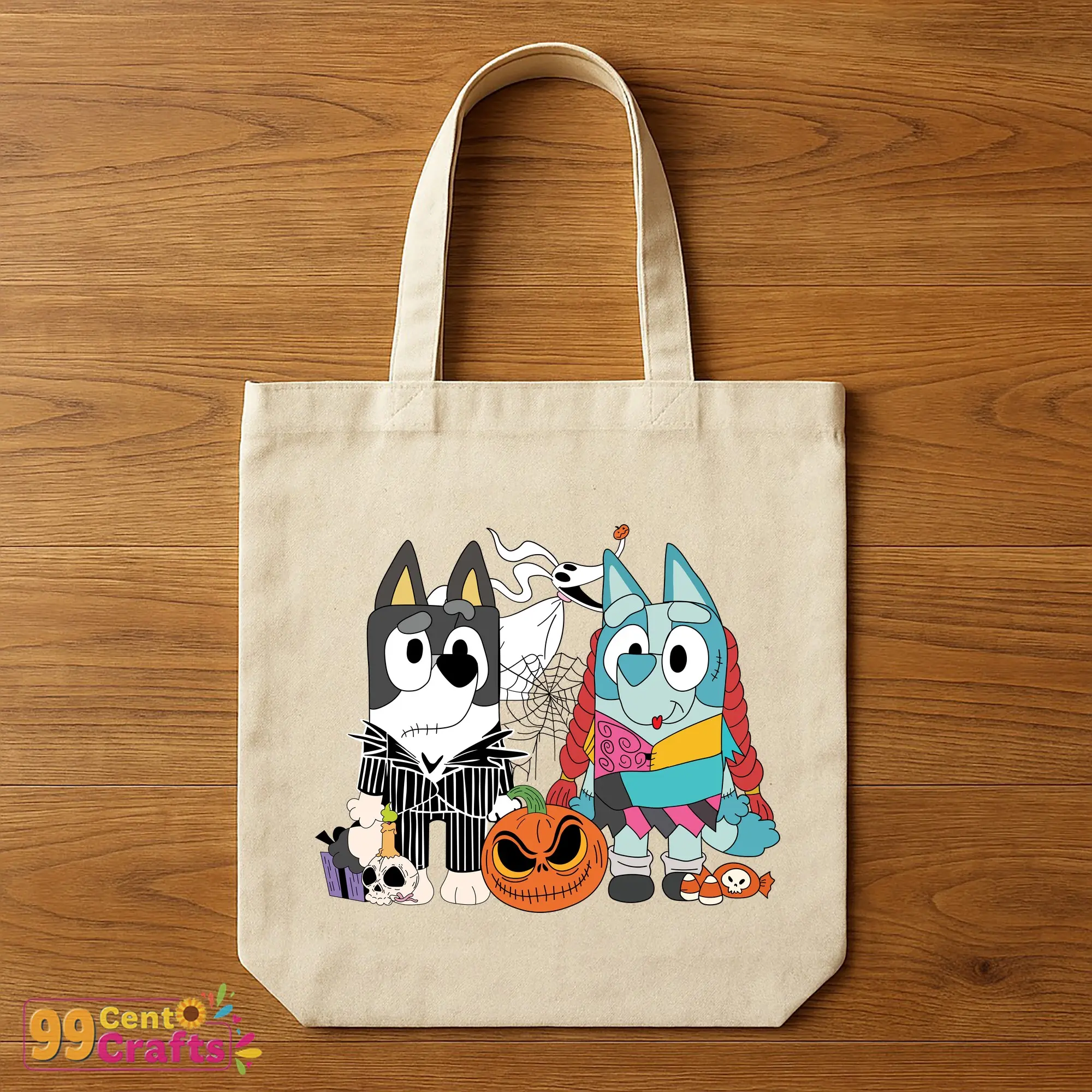 Bluey Jack Skellington and Sally design on tote bag mockup perfect for Halloween themed accessories and gifts