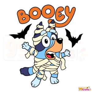 Bluey Mummy Halloween SVG design showing Disney Bluey character dressed as cute mummy for Halloween crafts