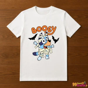 Bluey Mummy Halloween SVG design printed on t-shirt mockup showing Disney Bluey in adorable mummy costume