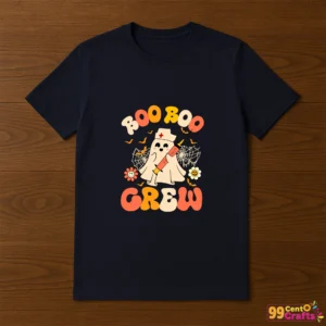 Boo Boo Crew Ghost Nurse SVG design displayed on t-shirt mockup showing Halloween themed nursing ghost character