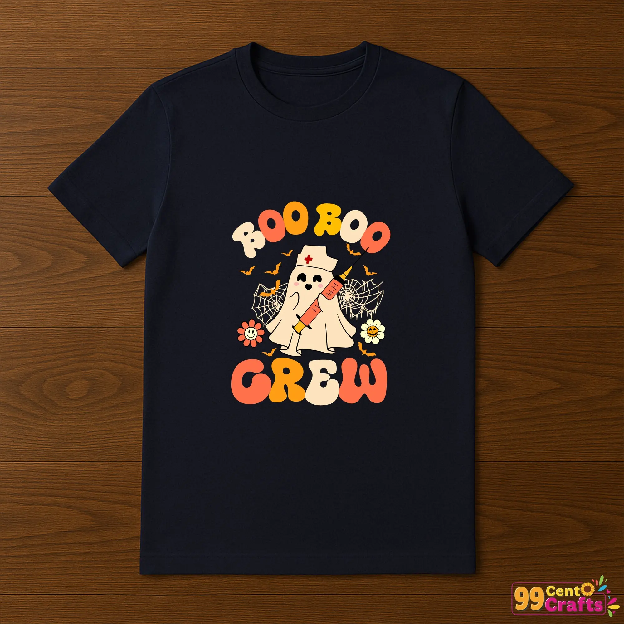 Boo Boo Crew Ghost Nurse SVG design displayed on t-shirt mockup showing Halloween themed nursing ghost character