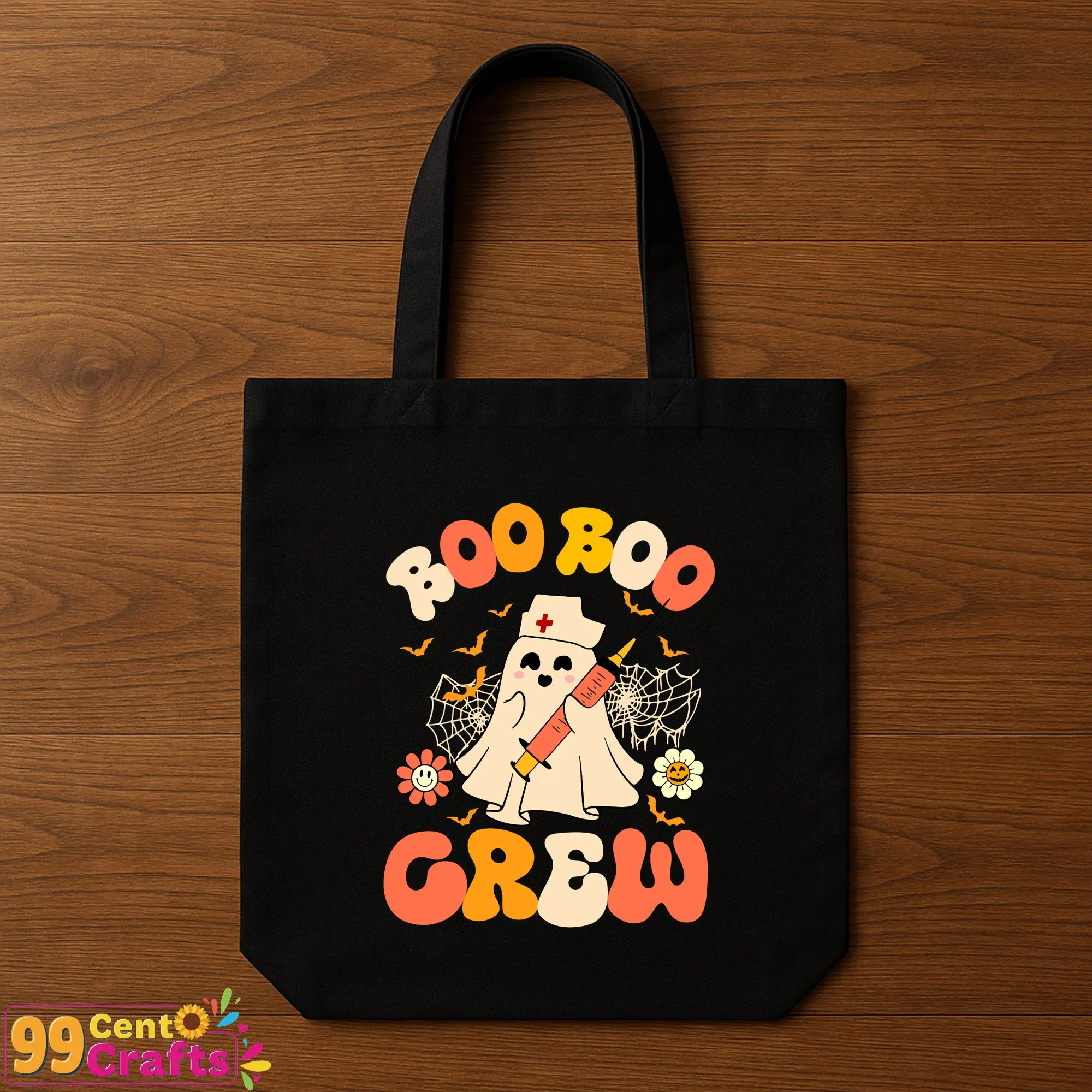 Boo Boo Crew Ghost Nurse SVG design on tote bag mockup featuring cute Halloween ghost nurse character for crafting