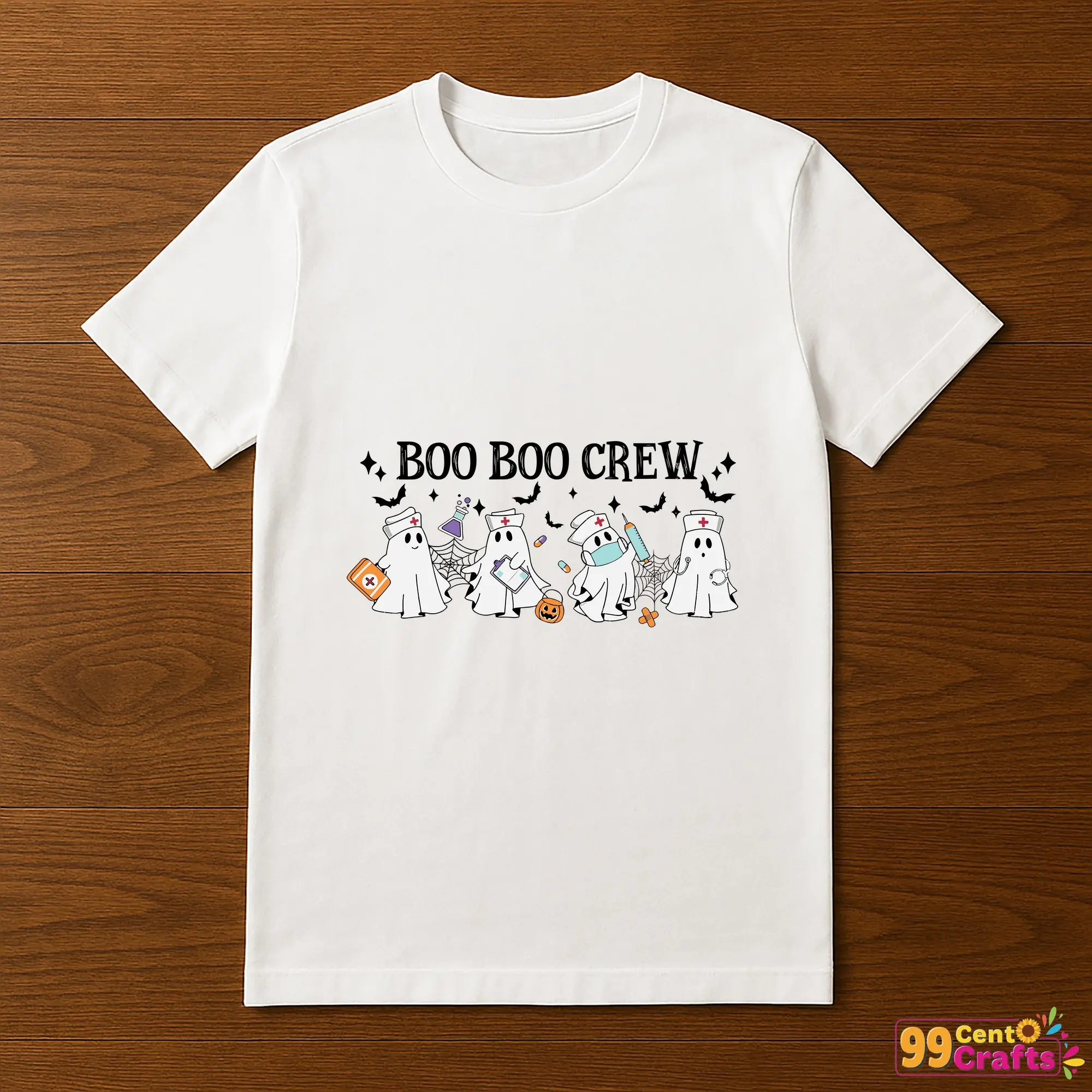 T-shirt mockup featuring Boo Boo Crew Halloween Ghost Nurse SVG design printed