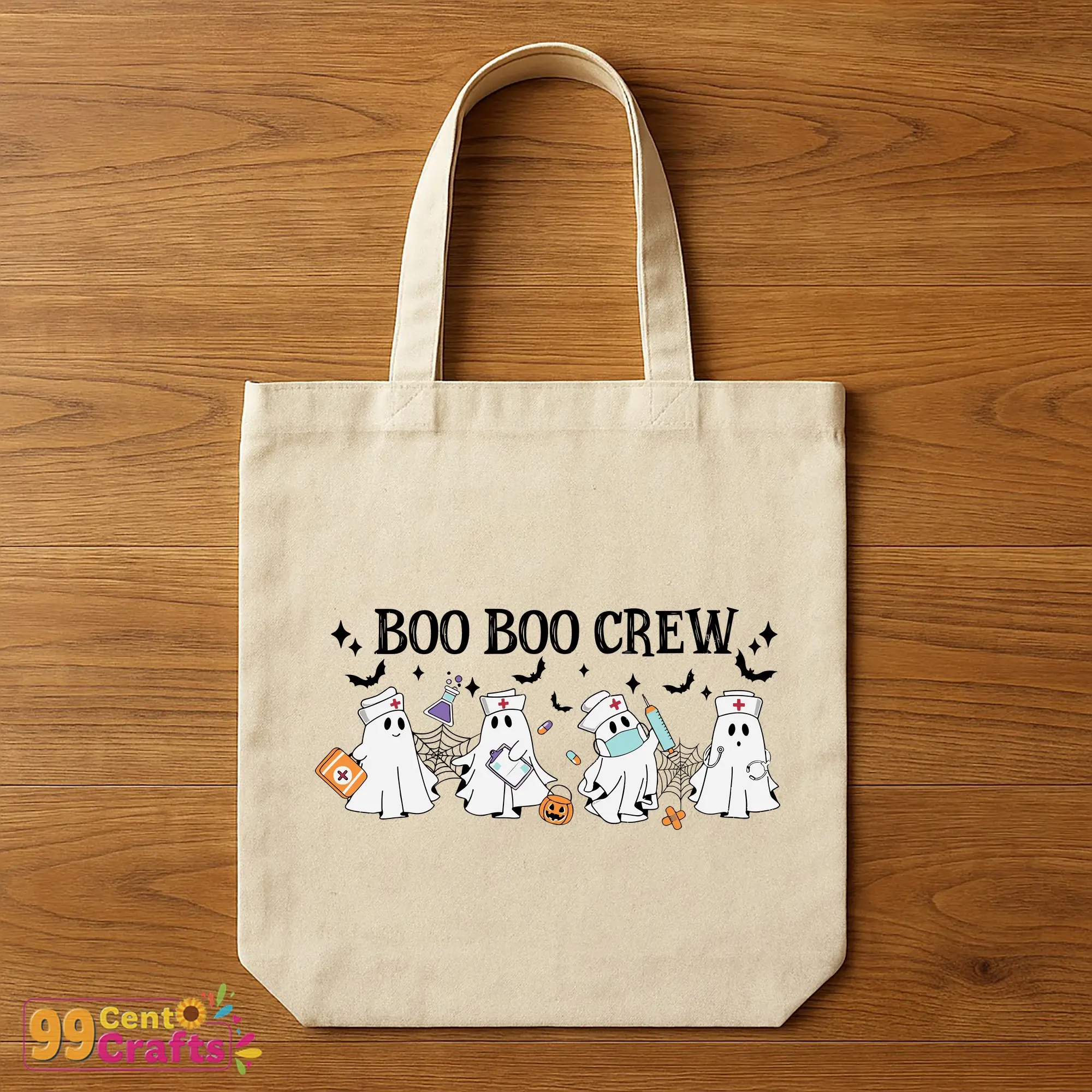 Tote bag mockup showing Boo Boo Crew Halloween Ghost Nurse SVG design printed