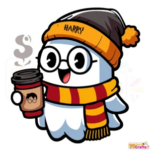 Boo ghost Harry Potter coffee Halloween SVG design with wizard hat and coffee cup for Cricut cutting