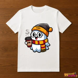 Harry Potter Halloween ghost with coffee design printed on t-shirt mockup showing apparel application