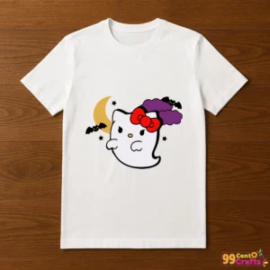 Boo Ghost Hello Kitty Halloween design printed on t-shirt mockup showing cute ghost character for DIY apparel