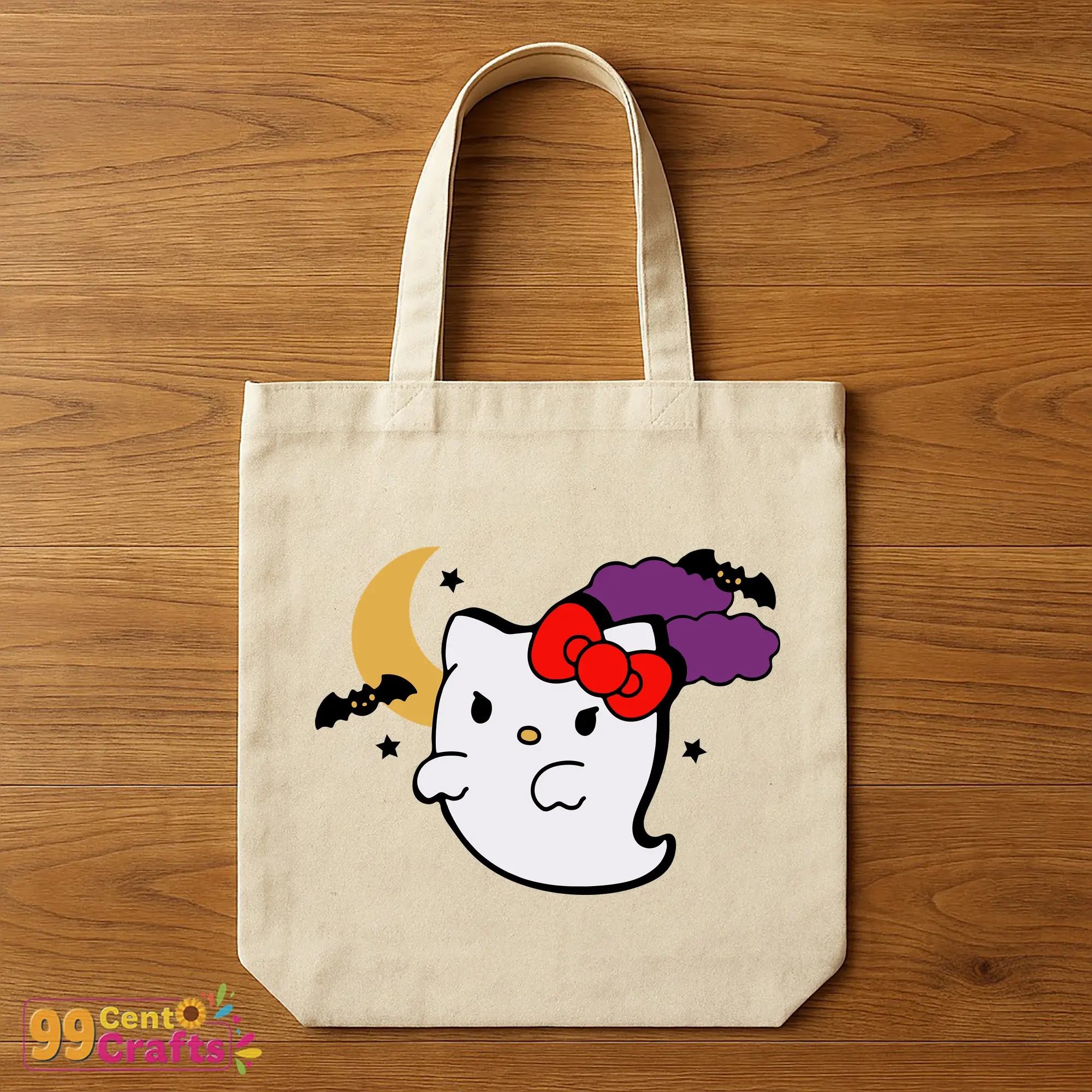 Boo Ghost Hello Kitty Halloween SVG design on tote bag mockup featuring cute ghost character for Halloween crafts