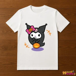 Boo Ghost Kuromi Pumpkin Halloween design printed on t-shirt mockup showing cute ghost character with pumpkin theme