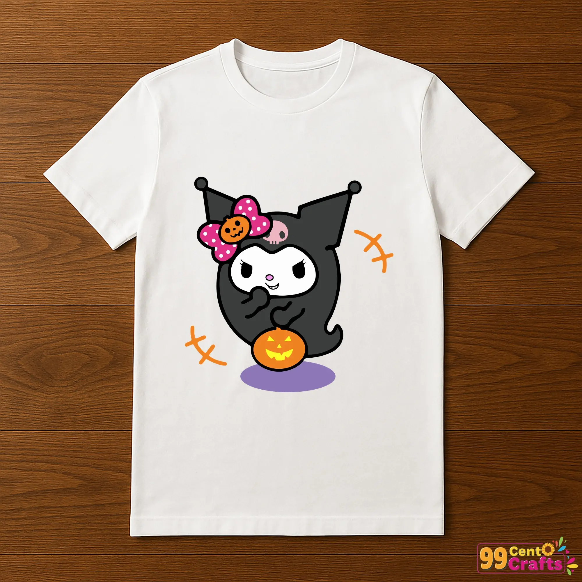 Boo Ghost Kuromi Pumpkin Halloween design printed on t-shirt mockup showing cute ghost character with pumpkin theme