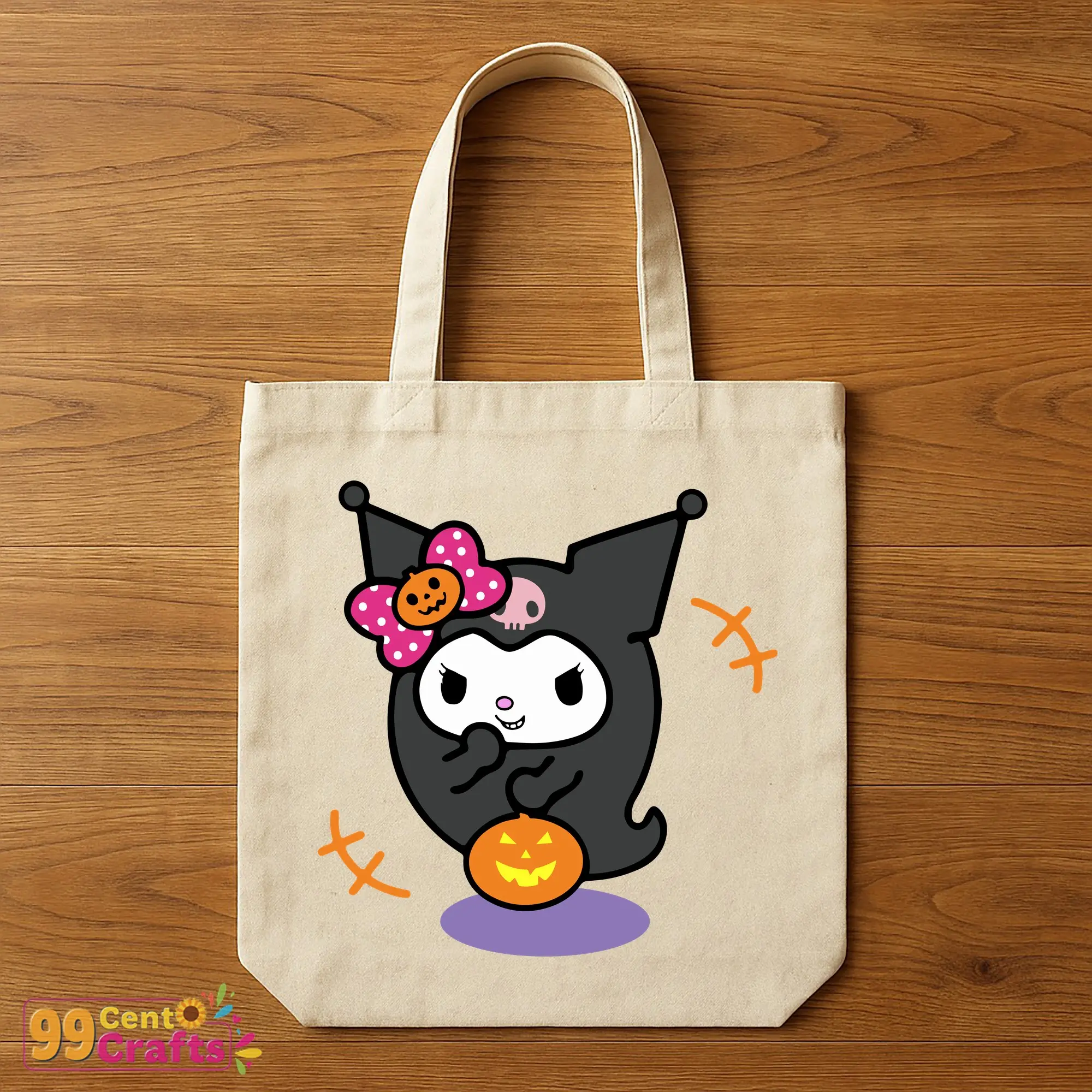 Boo Ghost Kuromi Pumpkin Halloween SVG design on tote bag mockup displaying cute spooky character for DIY projects
