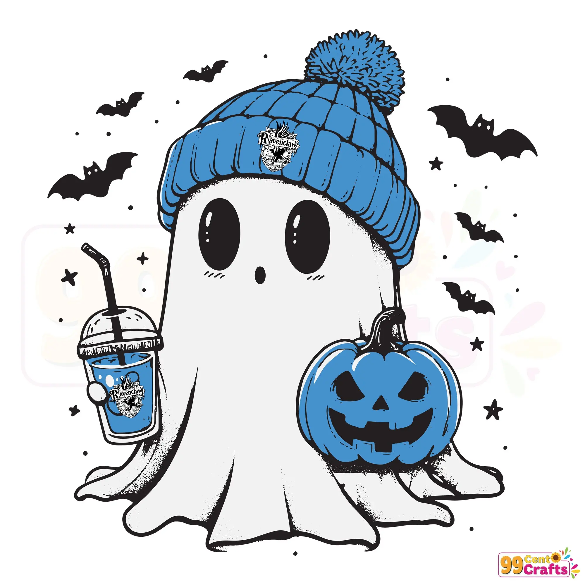 Boo Ghost Ravenclaw Hogwarts House SVG design featuring cute ghost with Harry Potter Halloween theme for crafting