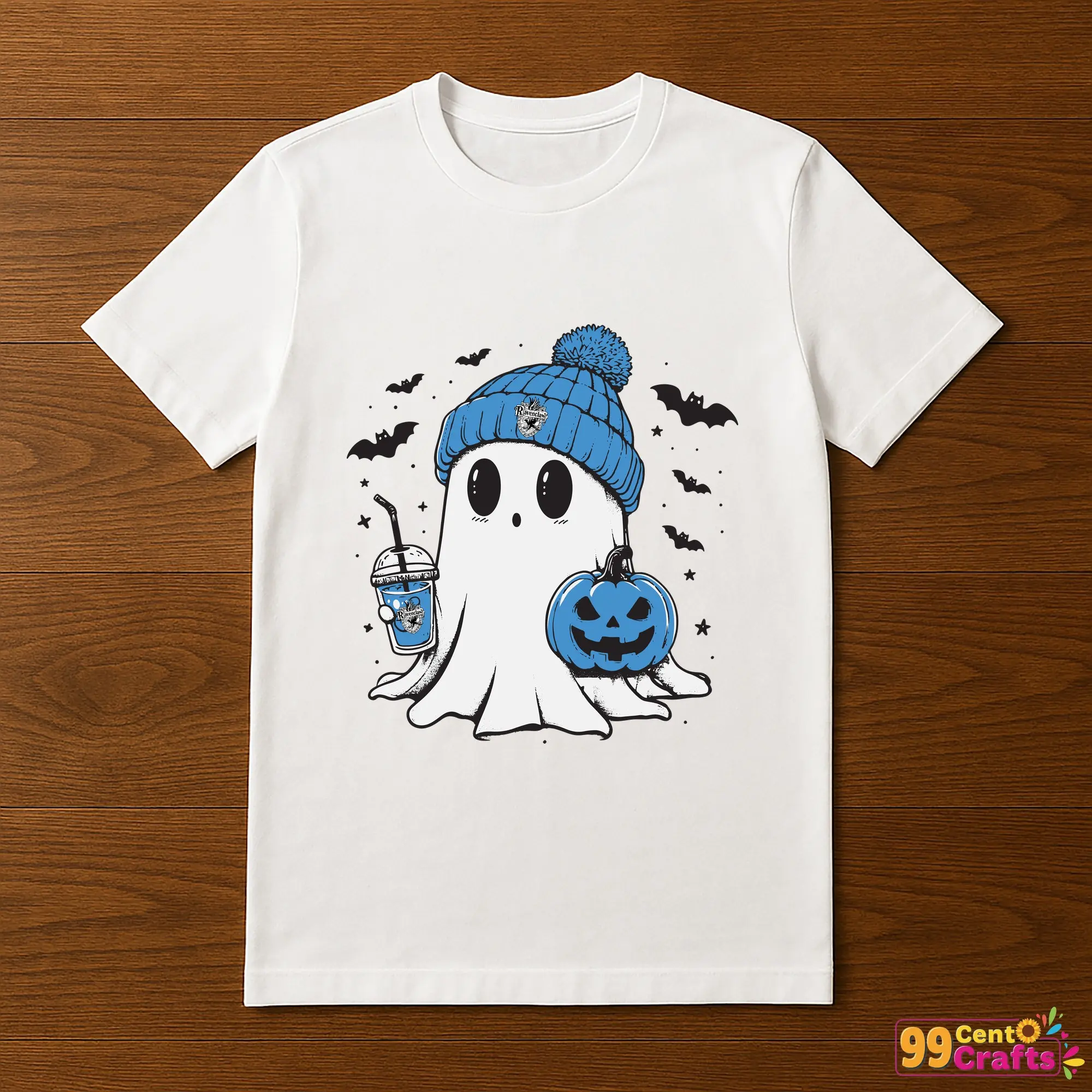 Boo Ghost Ravenclaw Harry Potter Halloween design printed on t-shirt mockup showing apparel application