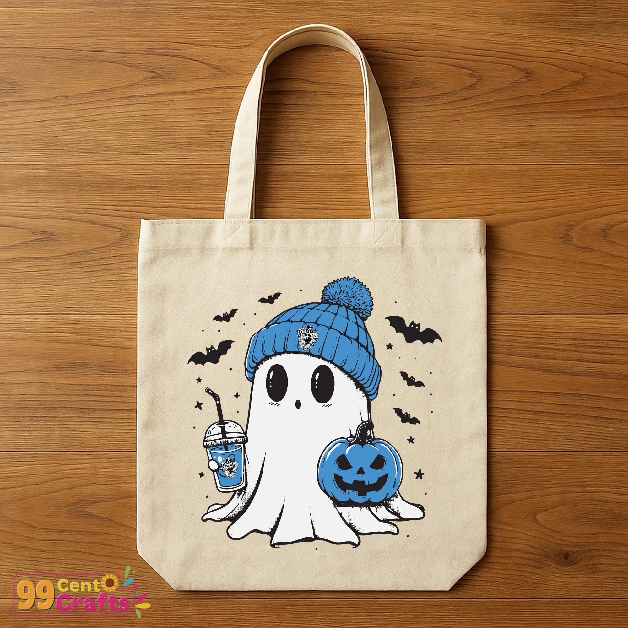 Boo Ghost Ravenclaw Hogwarts House Halloween design on tote bag mockup perfect for trick-or-treat bags