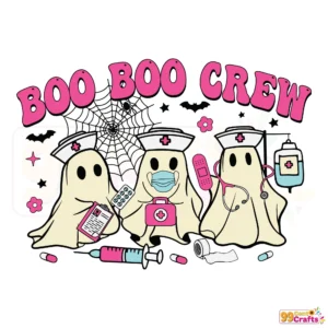 Boo Nurse Halloween SVG and PNG design showing ghost nurse with spooky text
