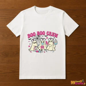 Boo Nurse Halloween SVG printed on a T-shirt showing ghost nurse and spooky text
