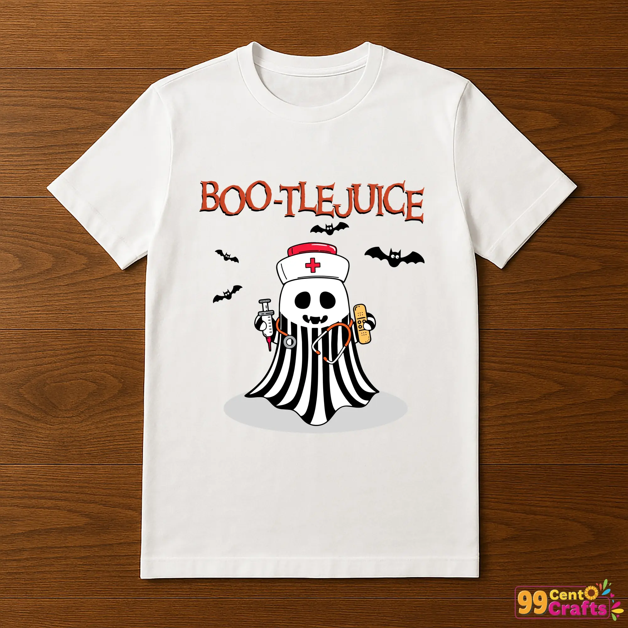 Boo-tlejuice Ghost Nurse Halloween design printed on t-shirt mockup showing funny Beetlejuice nurse SVG