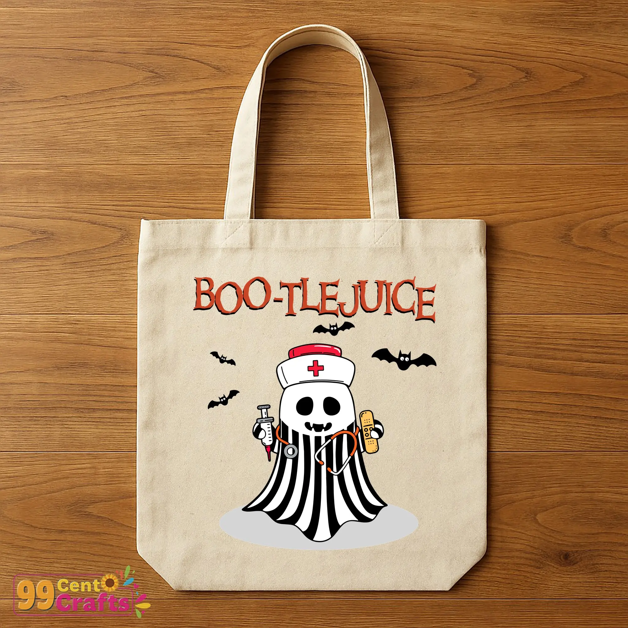 Boo-tlejuice Ghost Nurse Halloween SVG design on tote bag mockup featuring Beetlejuice-inspired nurse character