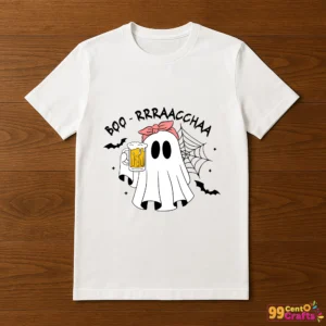 Borracha Halloween Ghost design on t-shirt mockup showing Latino Mexican boujee ghost with cultural styling