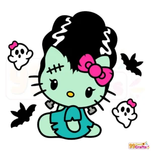 Bride of Frankenstein Hello Kitty SVG design with white hair streaks and stitched details for Halloween crafts