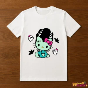 Bride of Frankenstein Hello Kitty design printed on t-shirt mockup showing Halloween costume themed apparel
