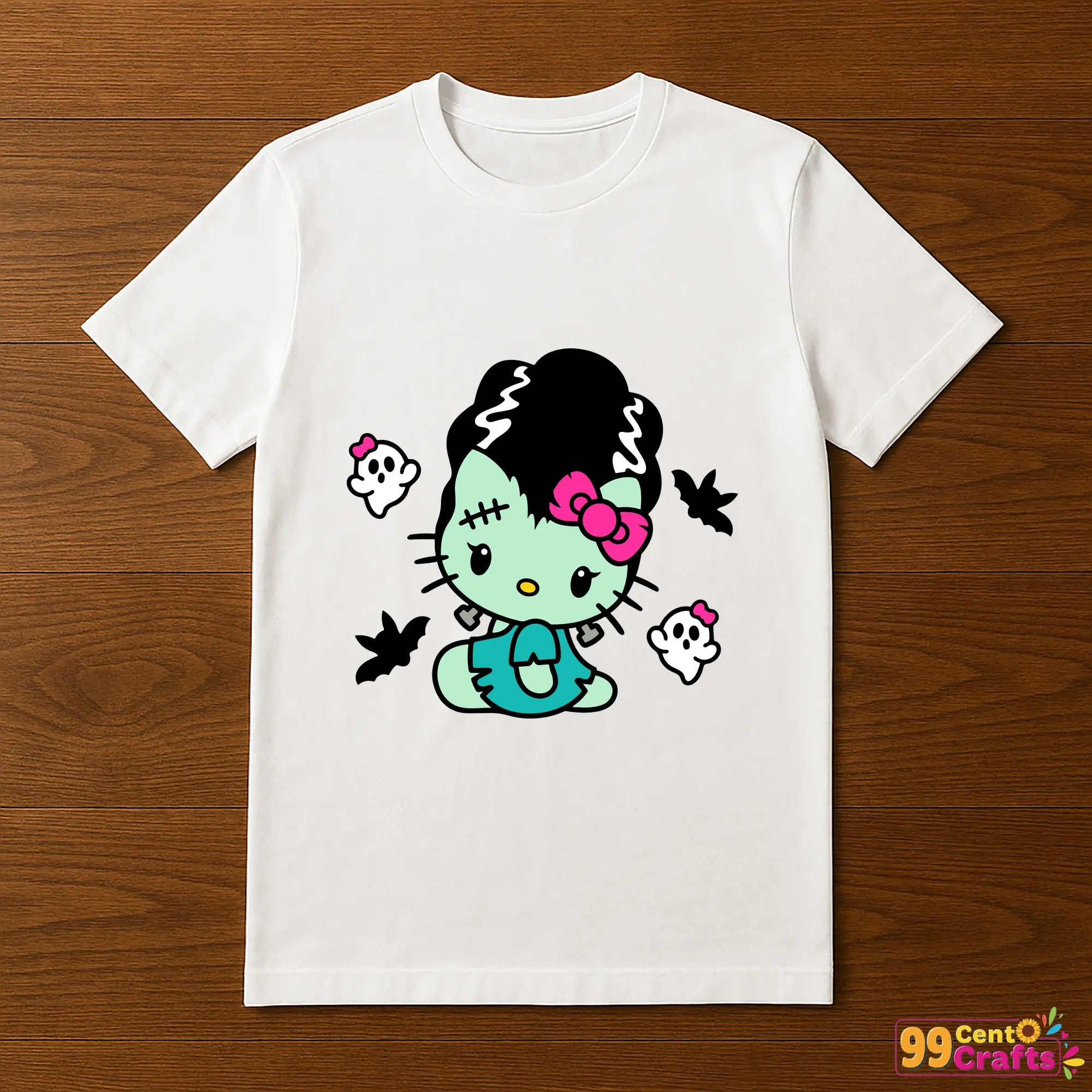 Bride of Frankenstein Hello Kitty design printed on t-shirt mockup showing Halloween costume themed apparel