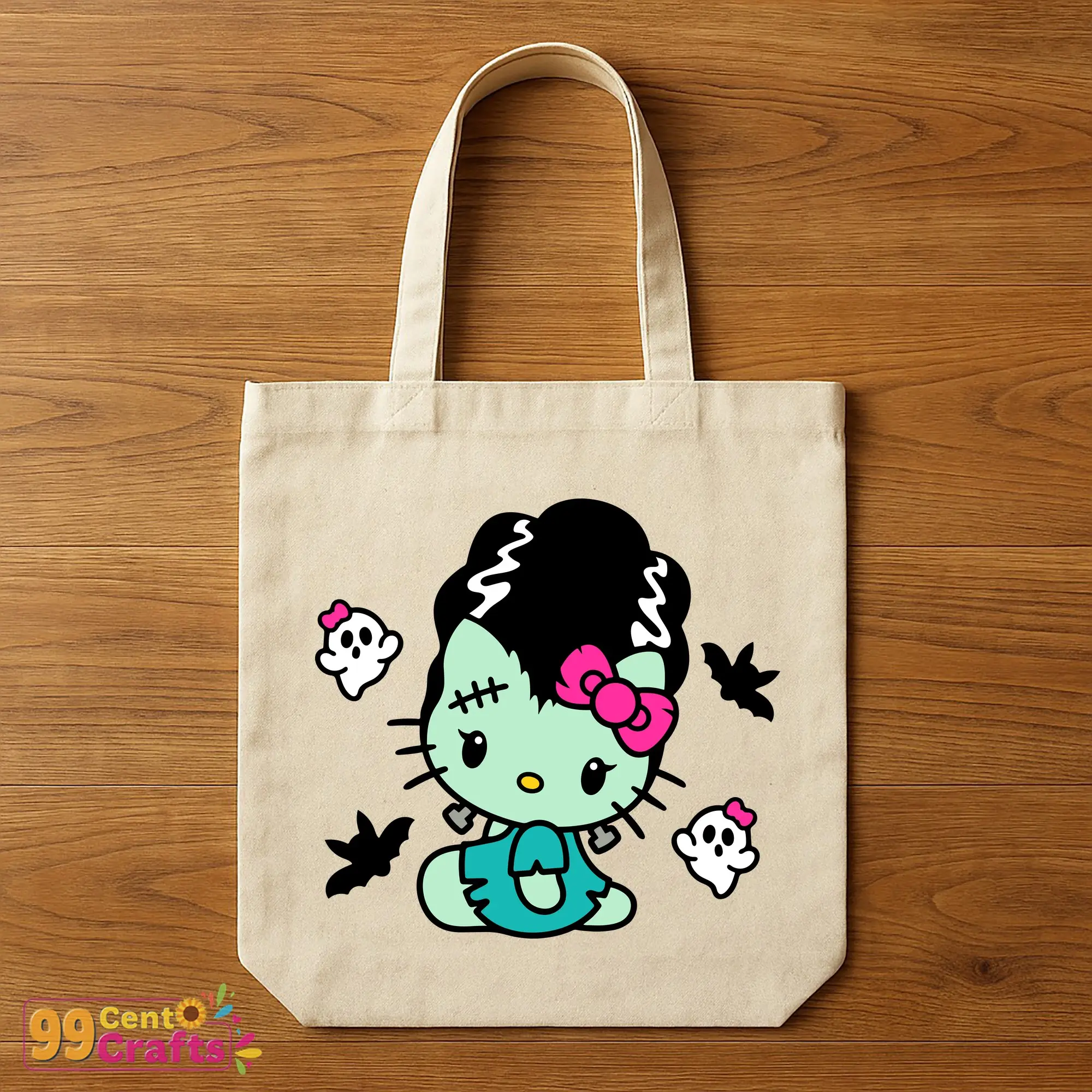 Bride of Frankenstein Hello Kitty design on tote bag mockup perfect for Halloween trick-or-treat bags