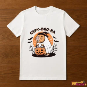 Halloween capybara pumpkin design printed on t-shirt mockup showing Capy Boo Ra SVG apparel application